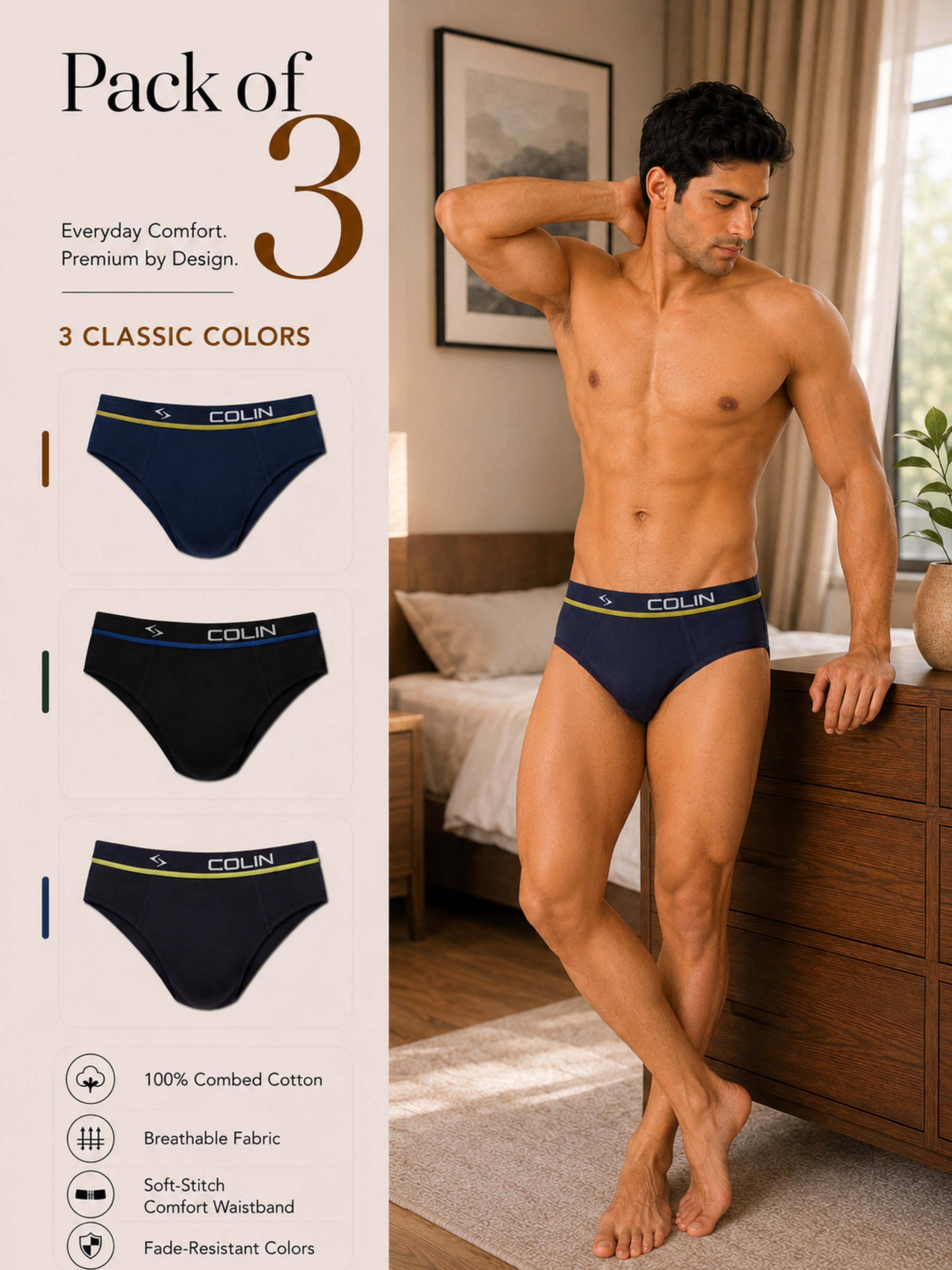 Colin Active Brief 3 Pcs Pack - Navy, Black and Navy colorway, Pack of 3 men's active briefs