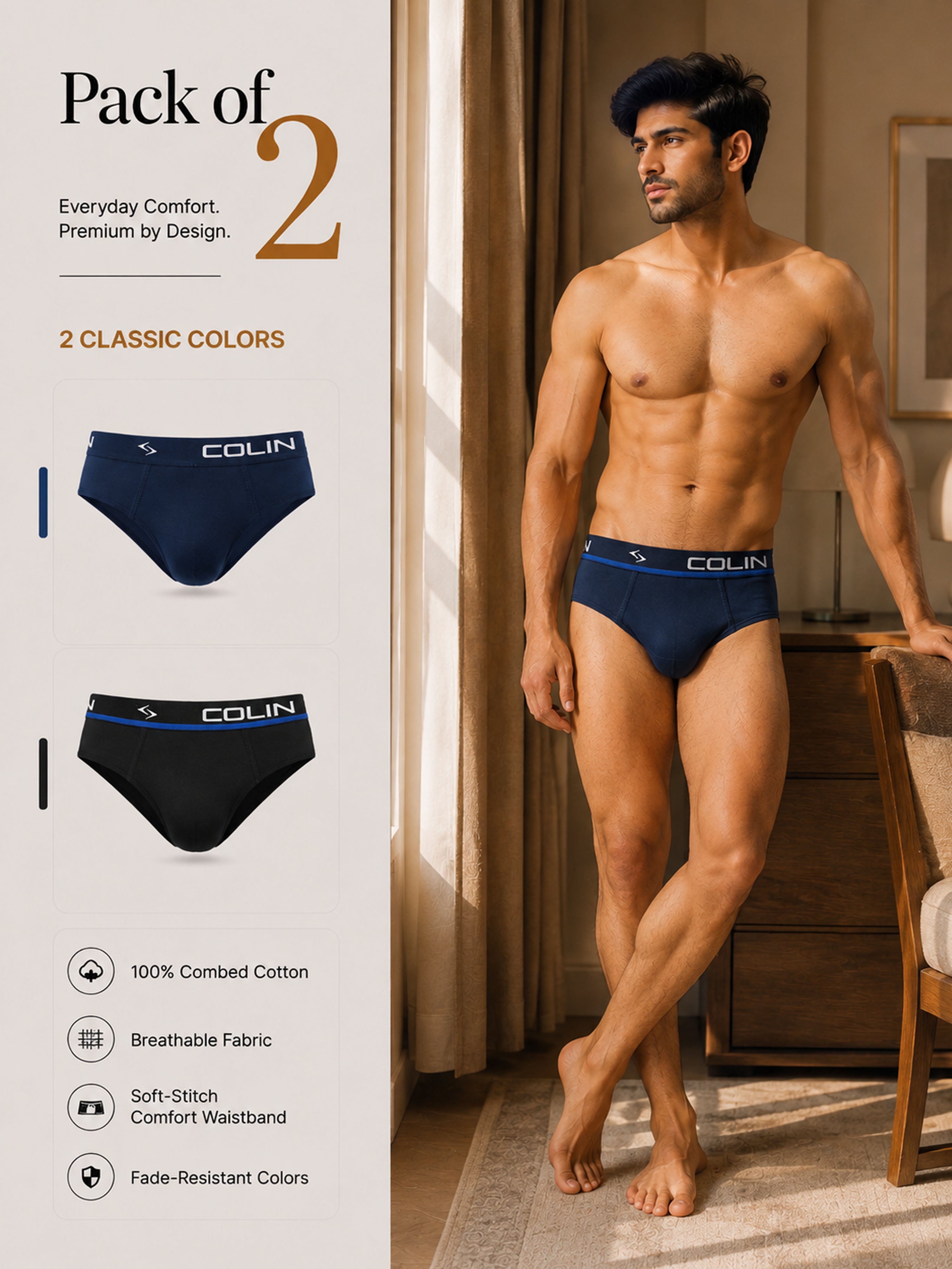 Colin Active Brief 2 Pcs Pack - Navy and Black
