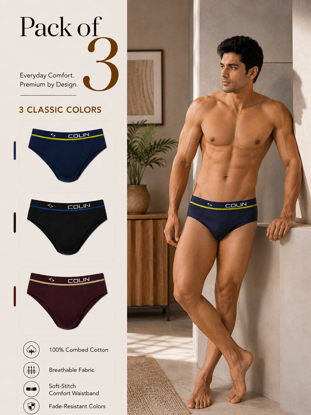 Colin Active Brief 3 Pcs Pack - Navy, Black and Maroon colorway, Pack of 3 men's active briefs