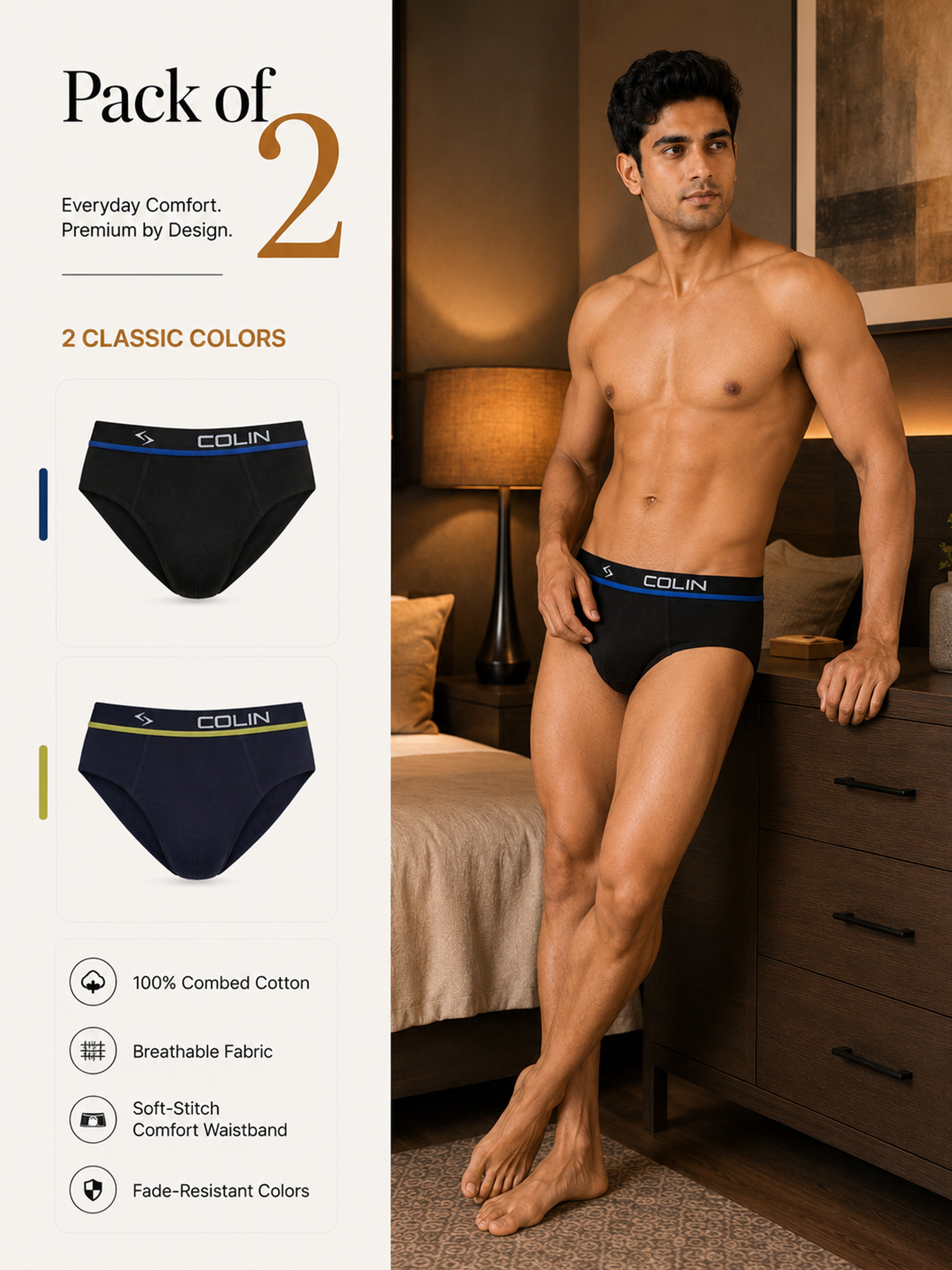 Colin Active Brief 2 Pcs Pack - Pack of 2 men's active briefs in classic colors