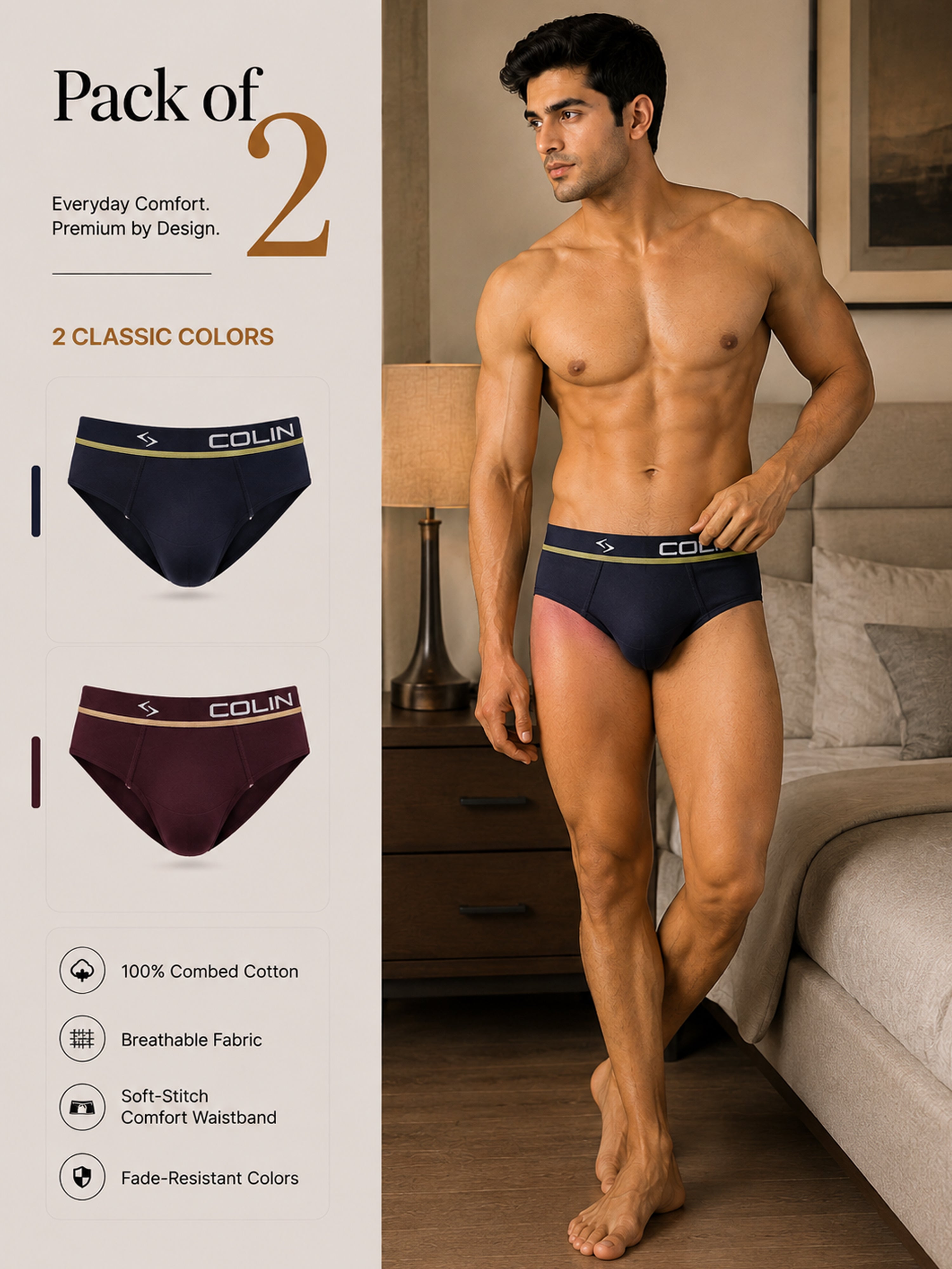 Colin Active Brief 2 Pcs Pack - Navy and Maroon colorway, Pack of 2 men's active briefs