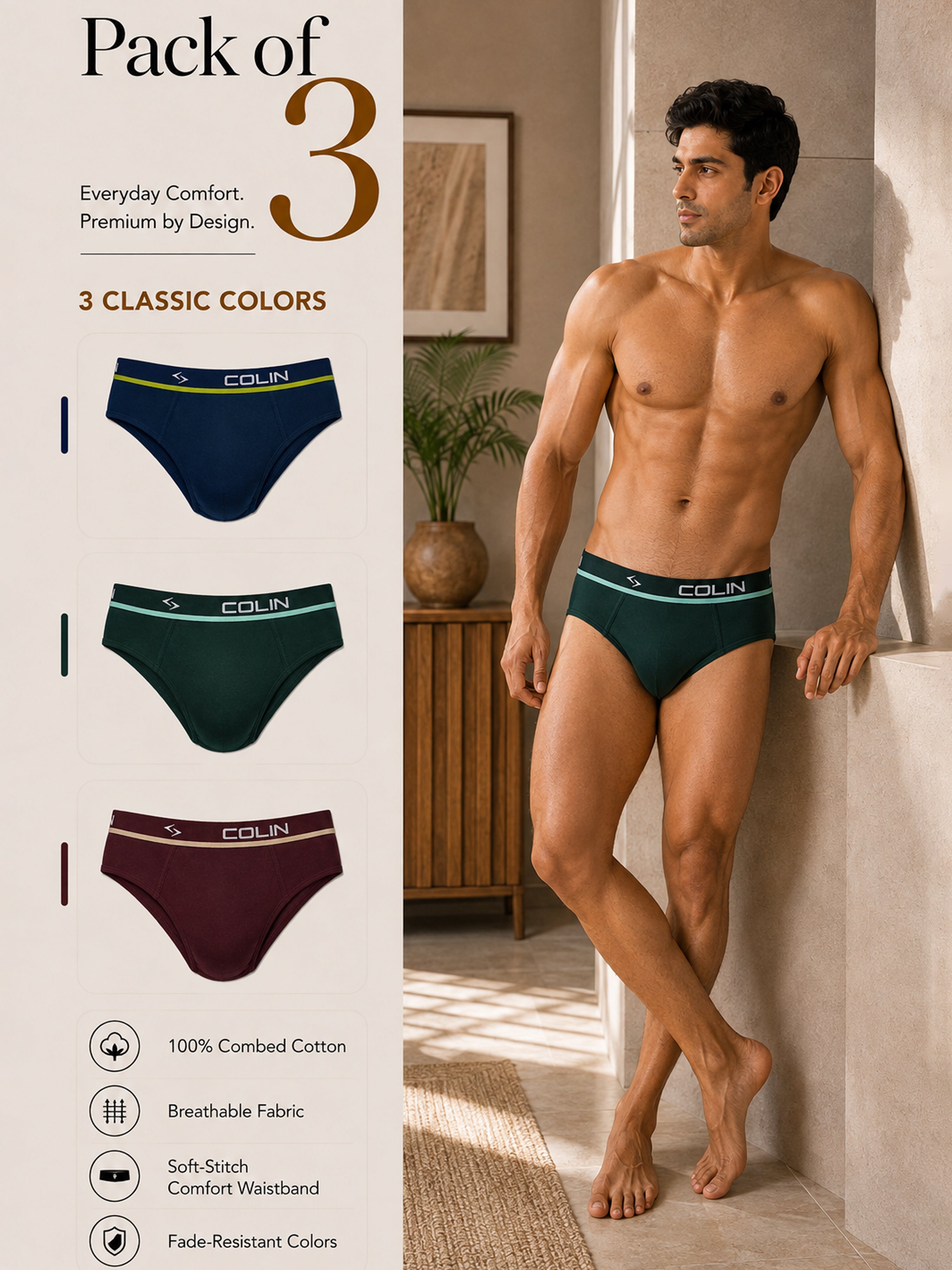 Colin Active Brief 3 Pcs Pack - Navy, Teal and Maroon colorway, Pack of 3 men's active briefs