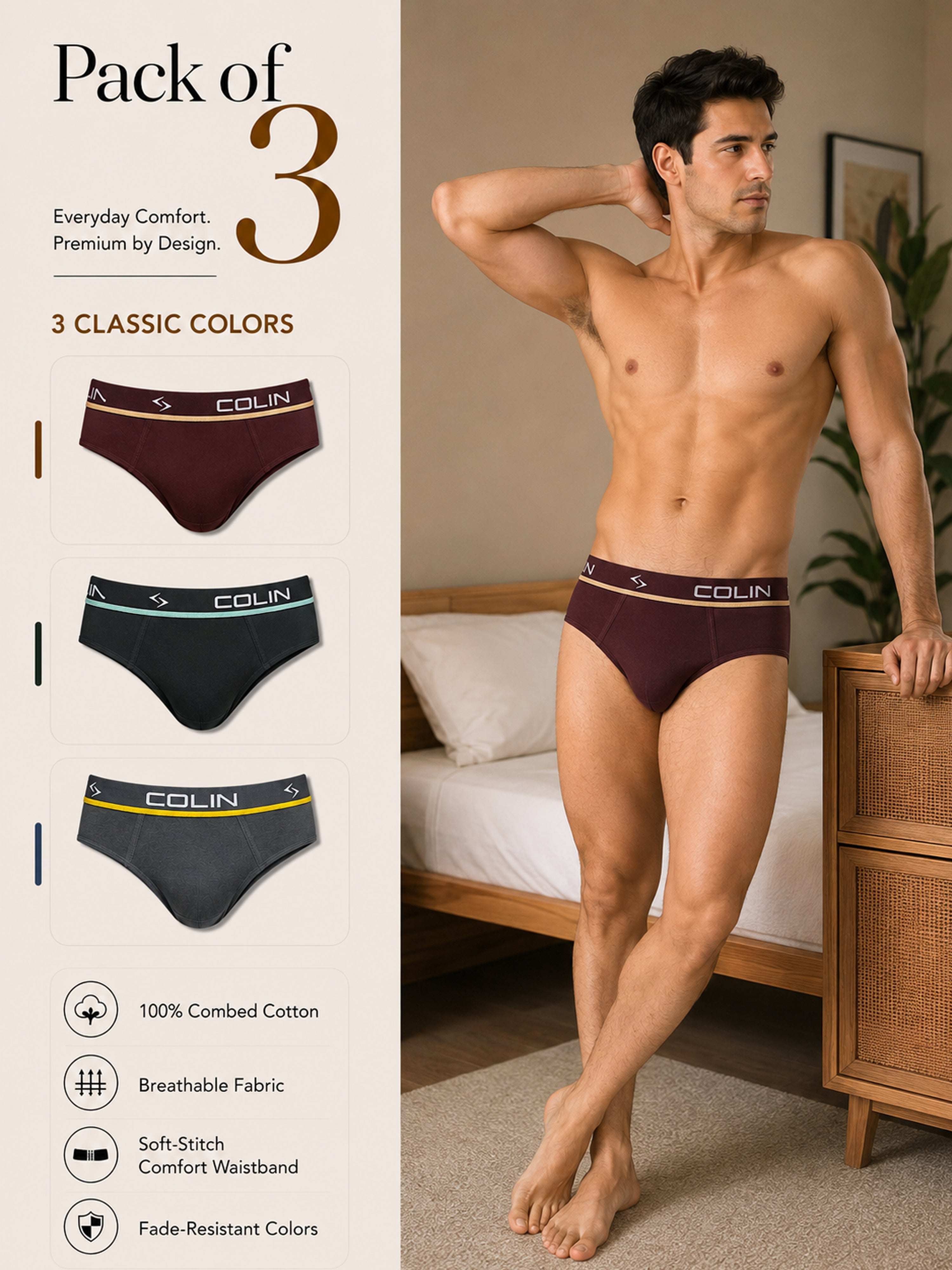Colin Active Brief 3 Pcs Pack - Maroon, Black and Grey colorway, Pack of 3 men's active briefs