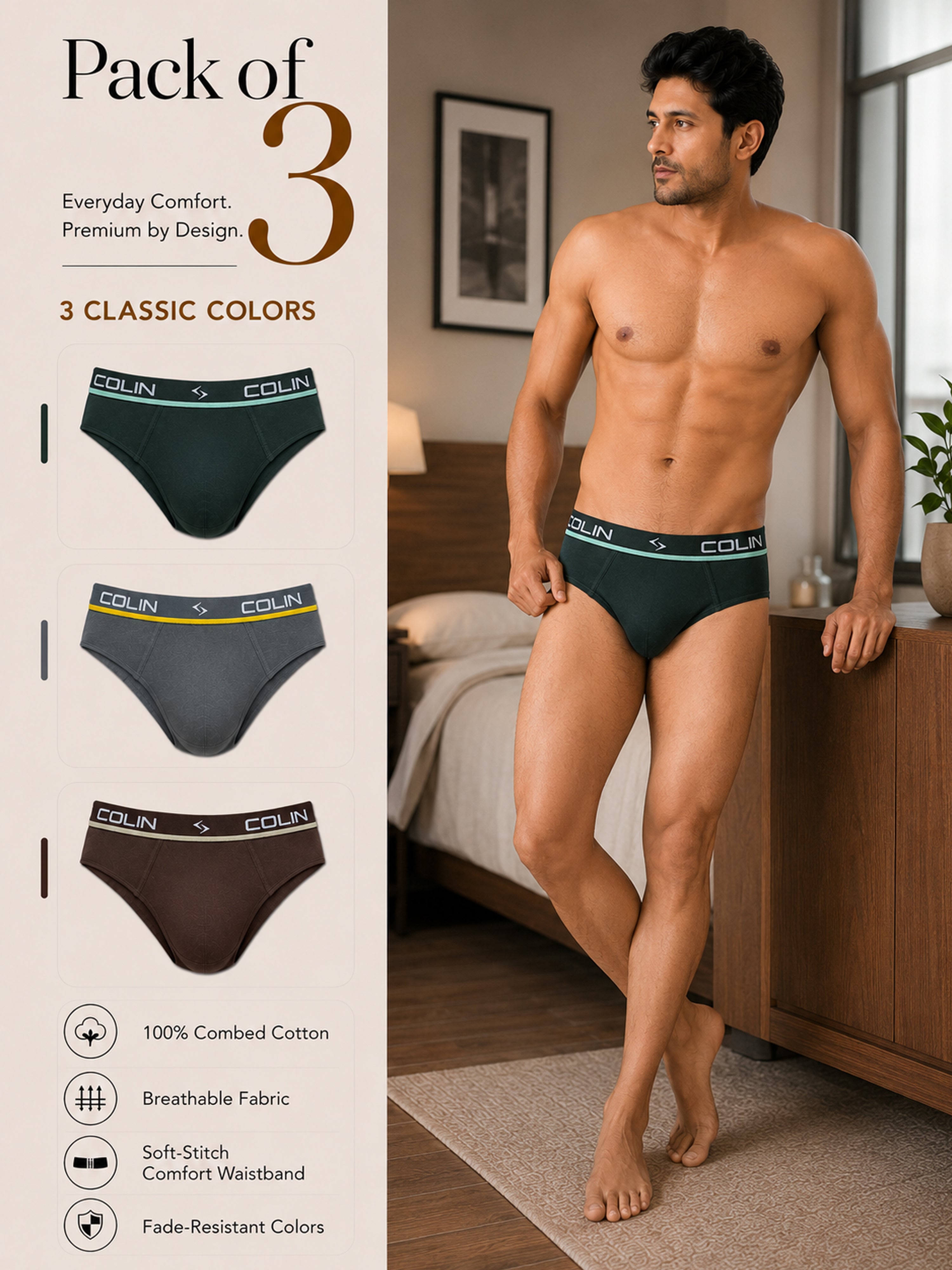 Colin Active Brief 3 Pcs Pack - Teal, Grey and Brown colorway, Pack of 3 men's active briefs