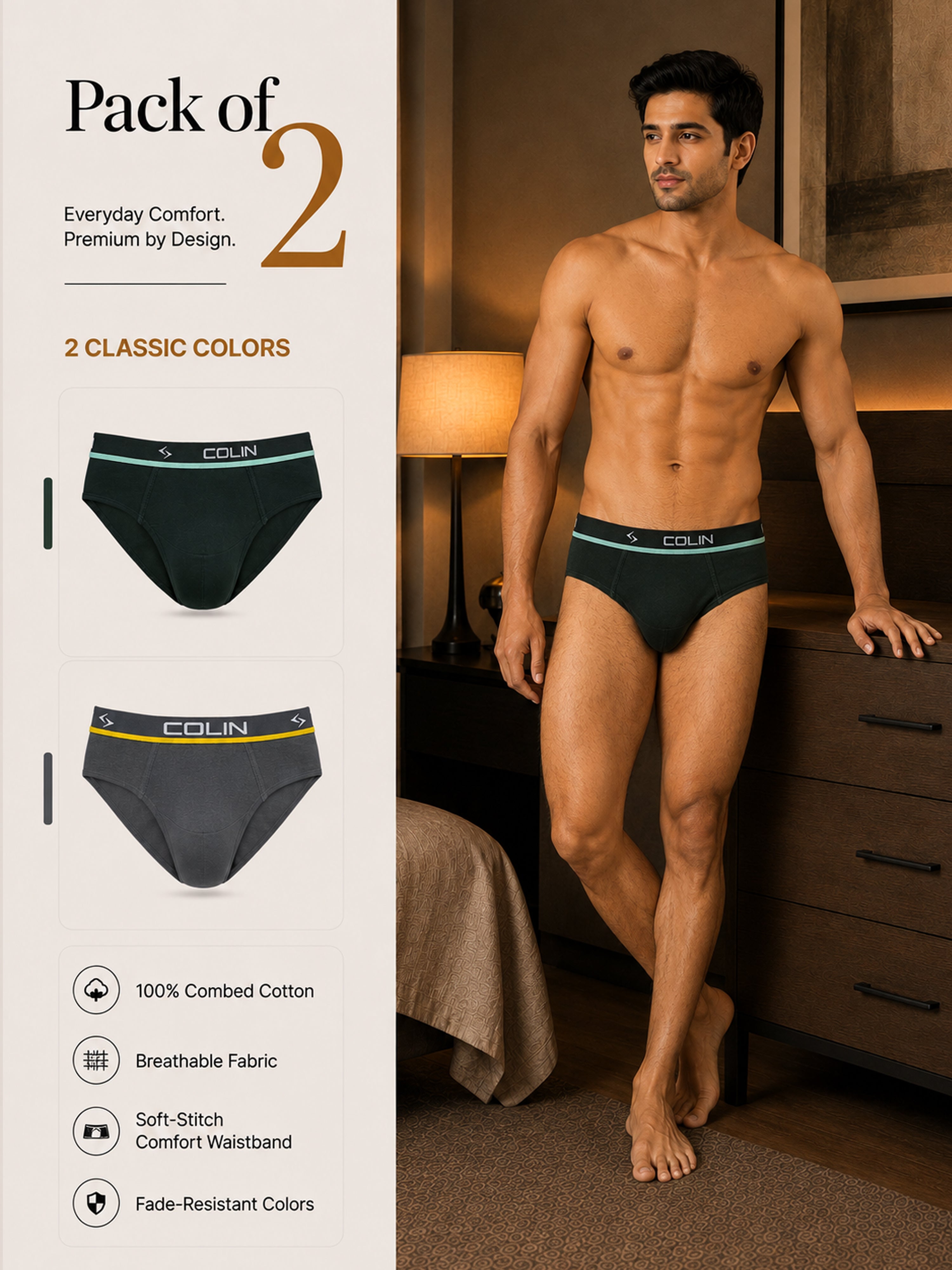 Colin Active Brief 2 Pcs Pack - Black and Grey colorway, Pack of 2 men's active briefs