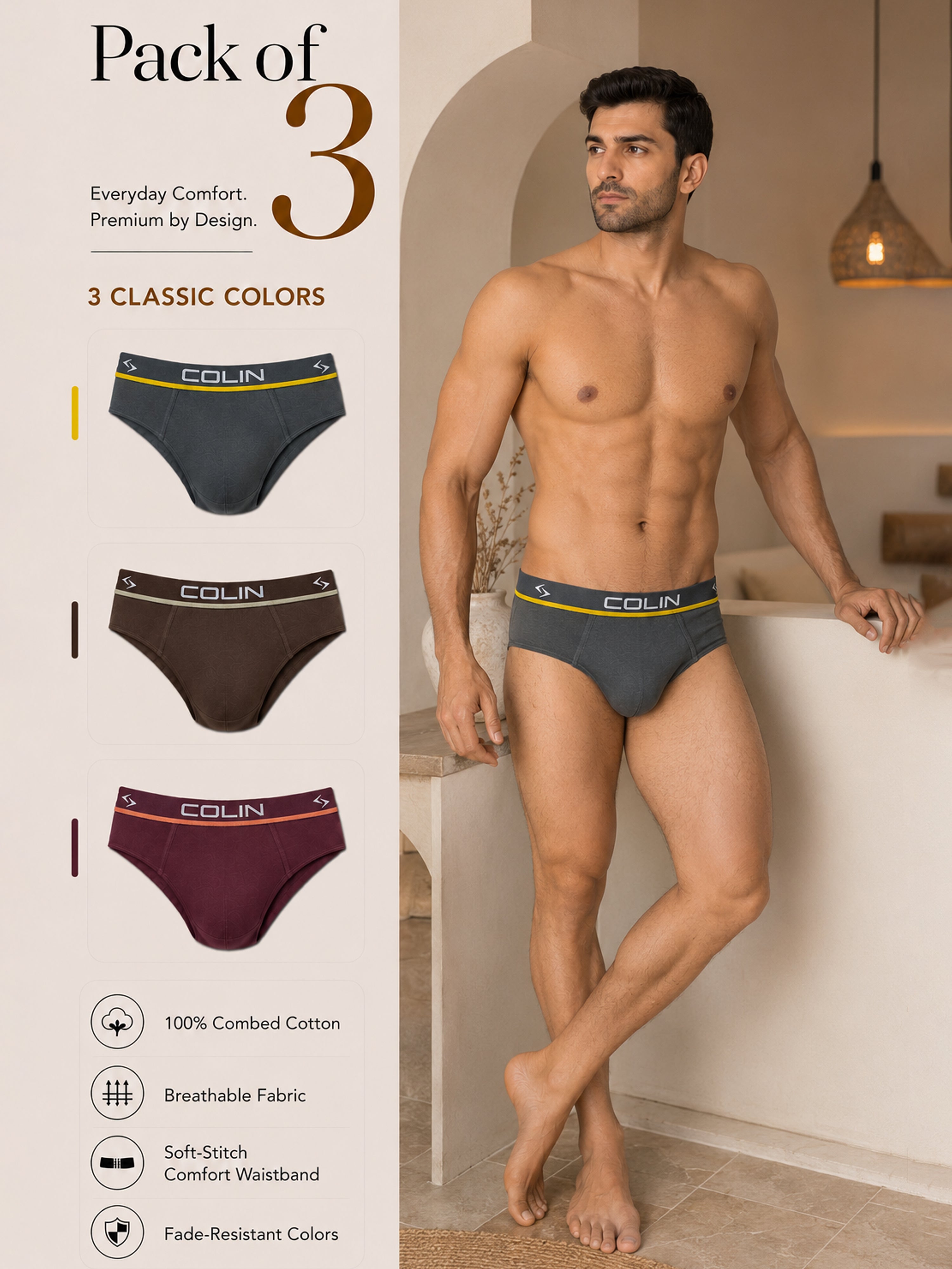 Colin Active Brief 3 Pcs Pack - Grey, Brown and Maroon colorway, Pack of 3 men's active briefs