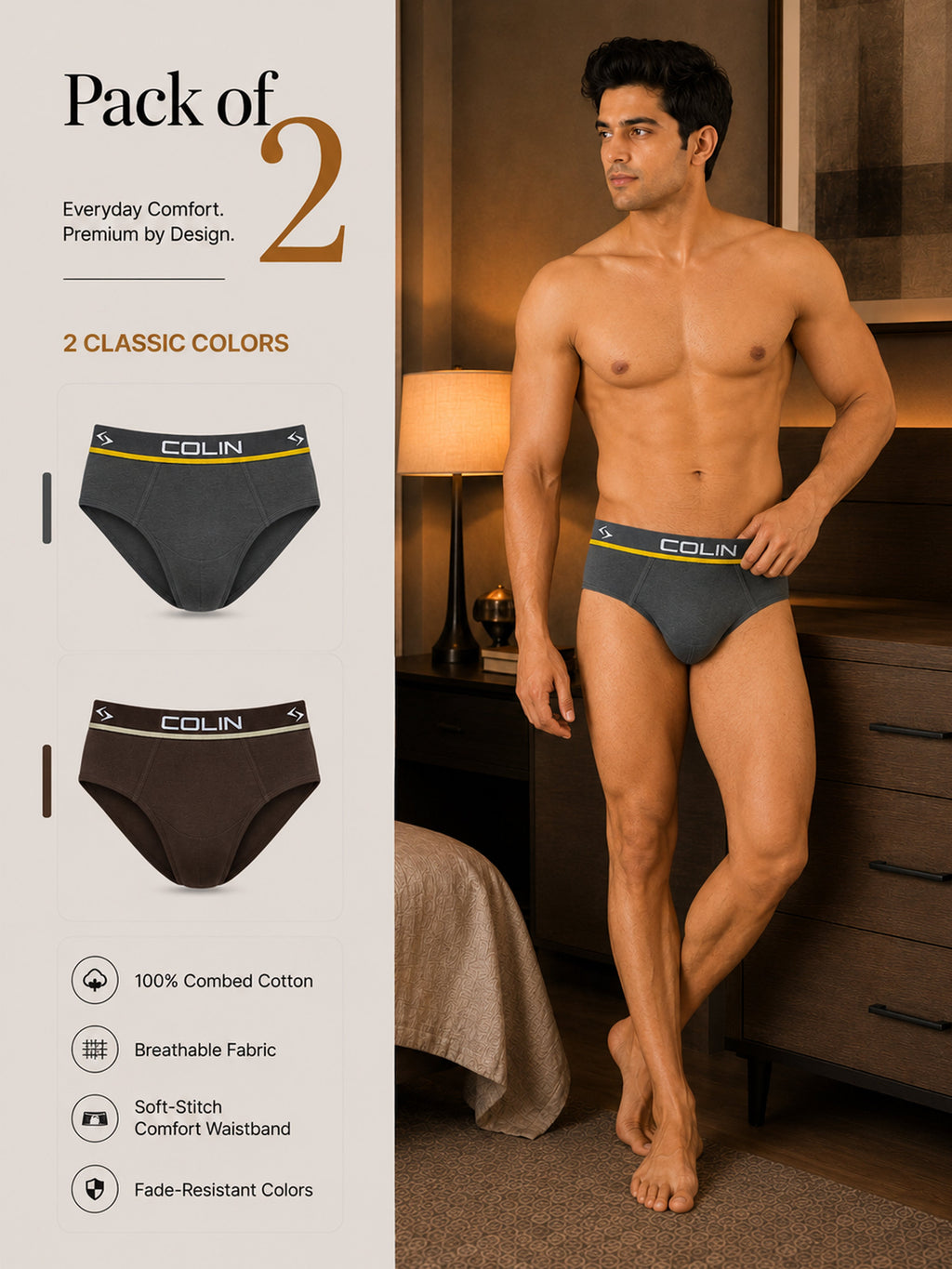 Colin Active Brief 2 Pcs Pack - Grey and Brown colorway, Pack of 2 men's active briefs