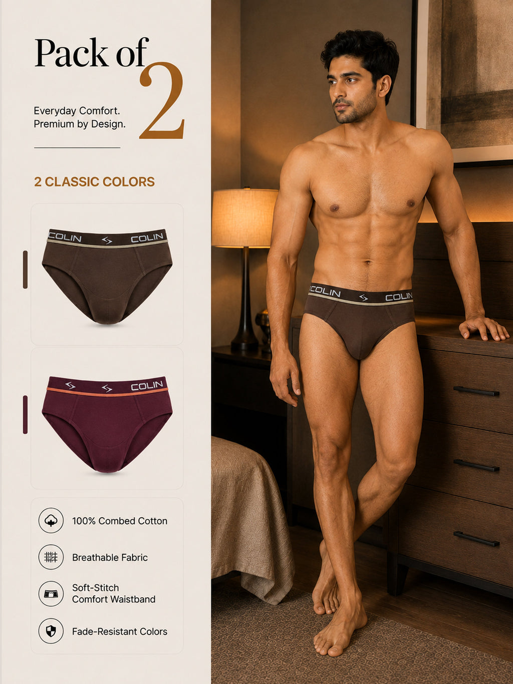 Colin Active Brief 2 Pcs Pack - Brown and Maroon colorway, Pack of 2 men's active briefs