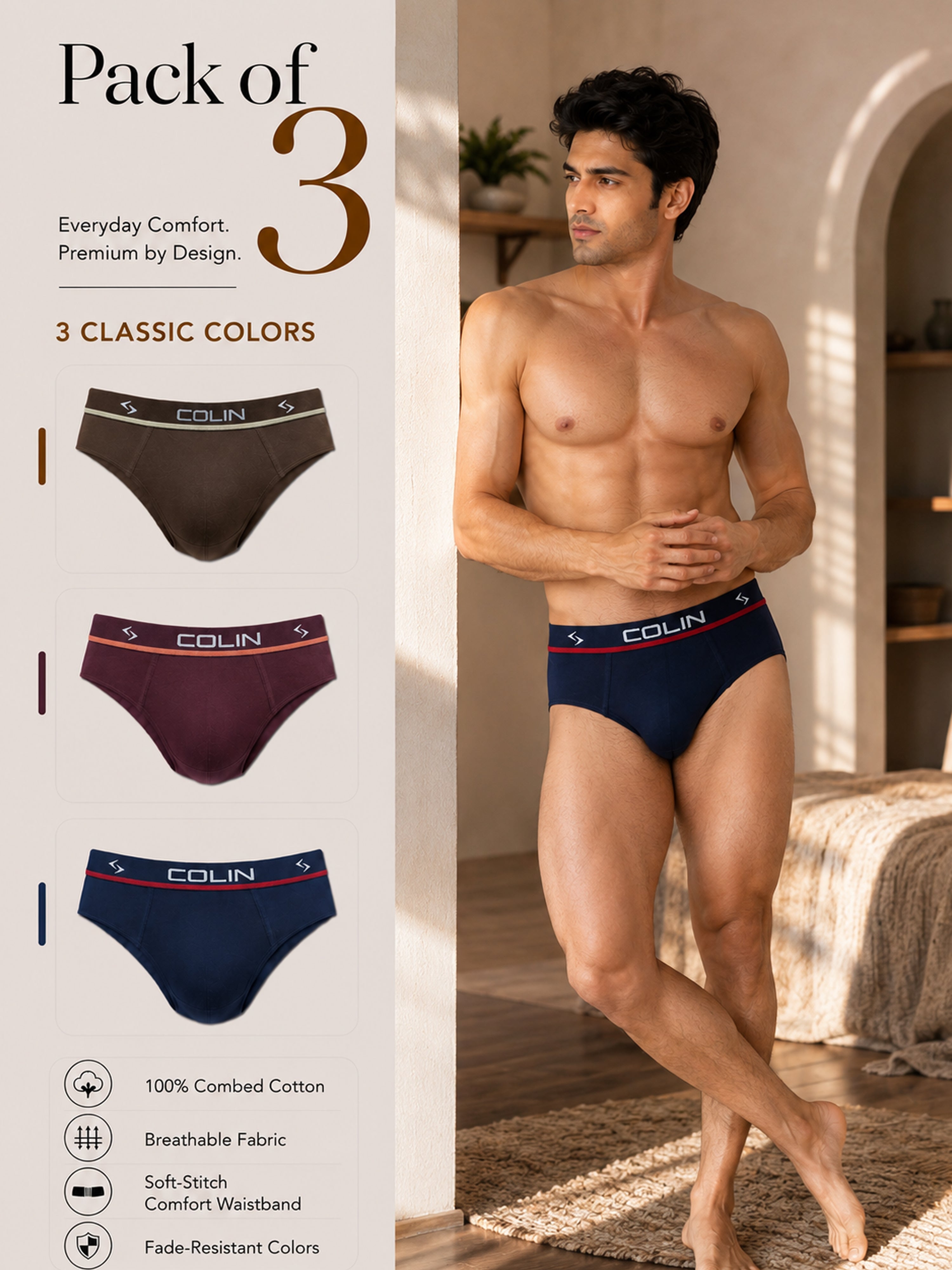 Colin Active Brief 3 Pcs Pack - Brown, Maroon and Navy colorway, Pack of 3 men's active briefs