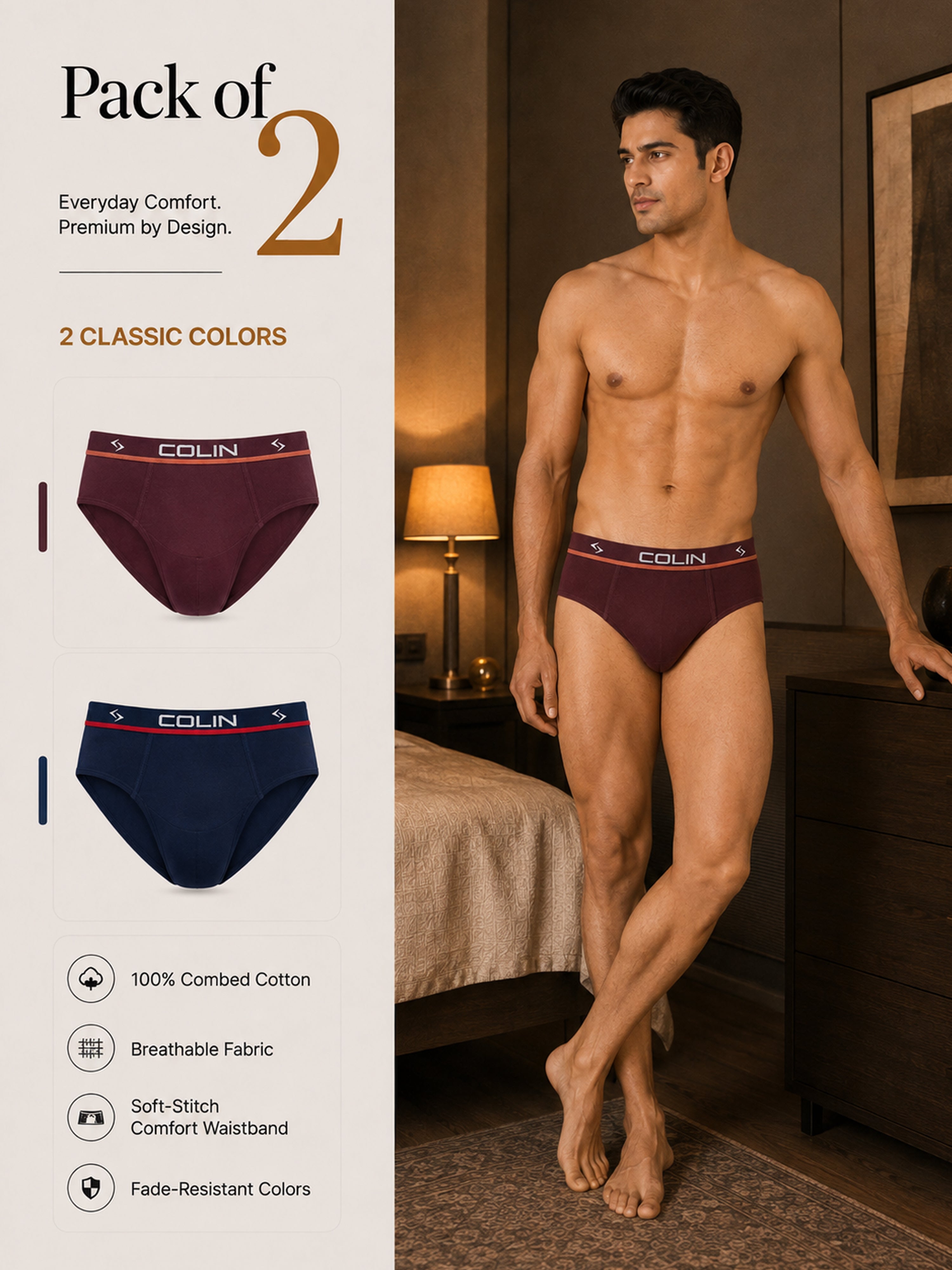 Colin Active Brief 2 Pcs Pack - Maroon and Navy colorway, Pack of 2 men's active briefs