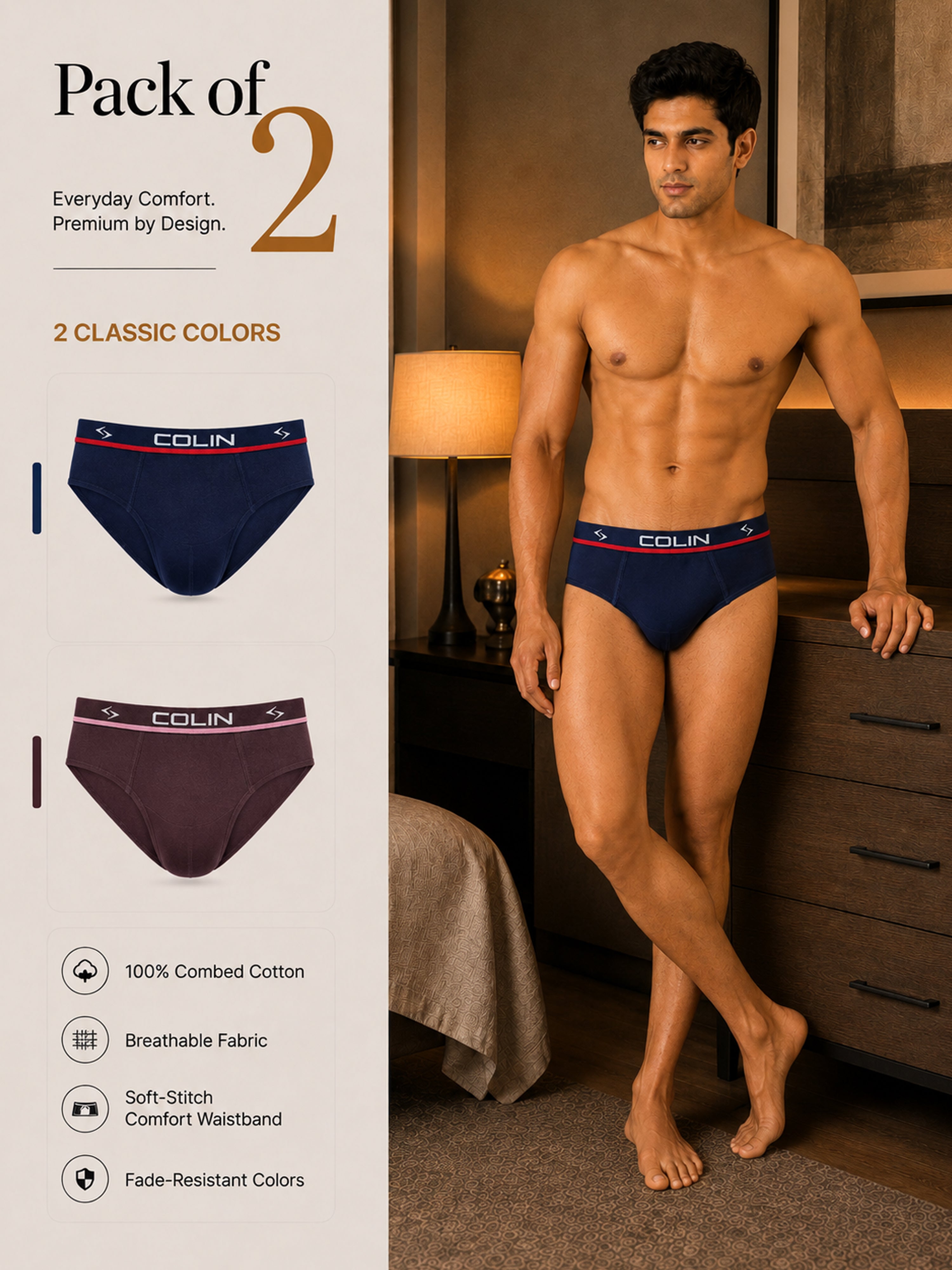 Colin Active Brief 2 Pcs Pack - Navy and Wine colorway, Pack of 2 men's active briefs