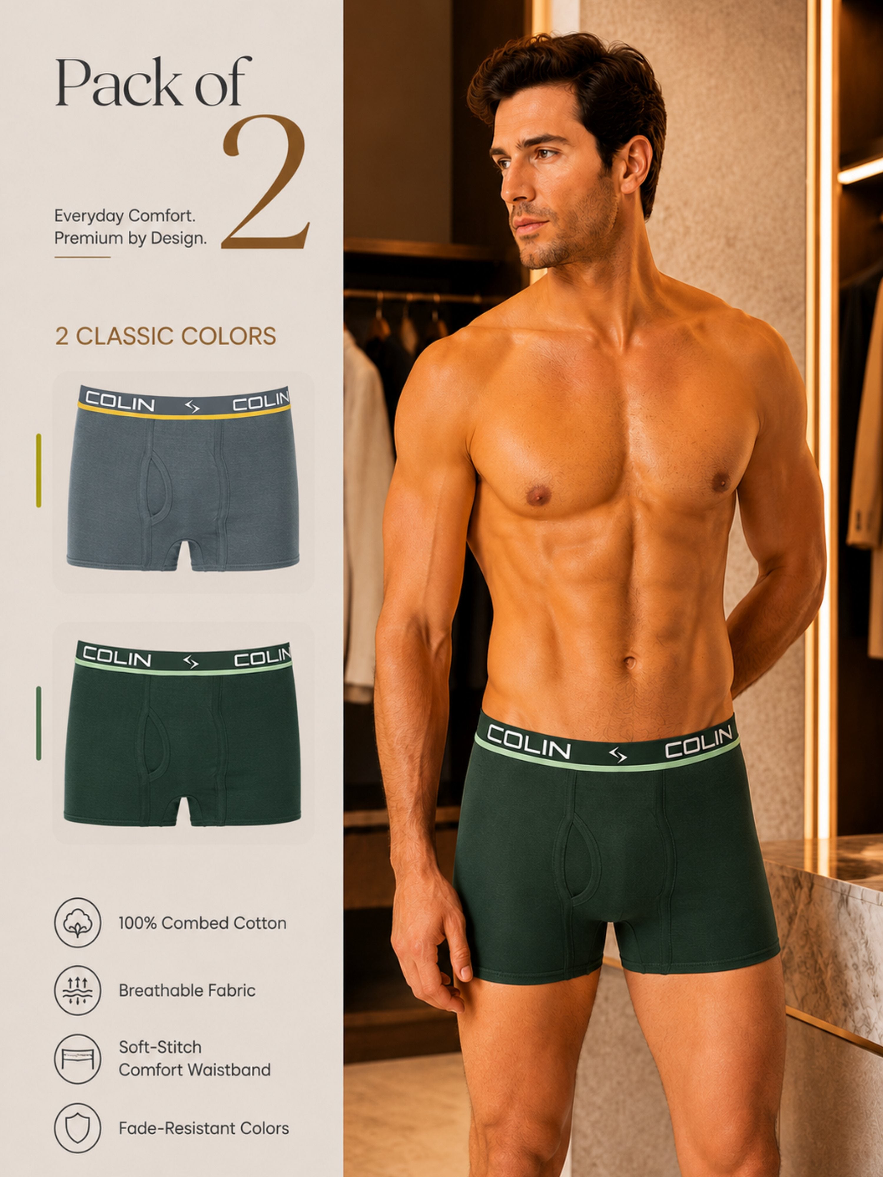 Colin Active Boxer 2 Pcs Pack - Pack of 2 Steel Blue and Dark Green Classic Colors