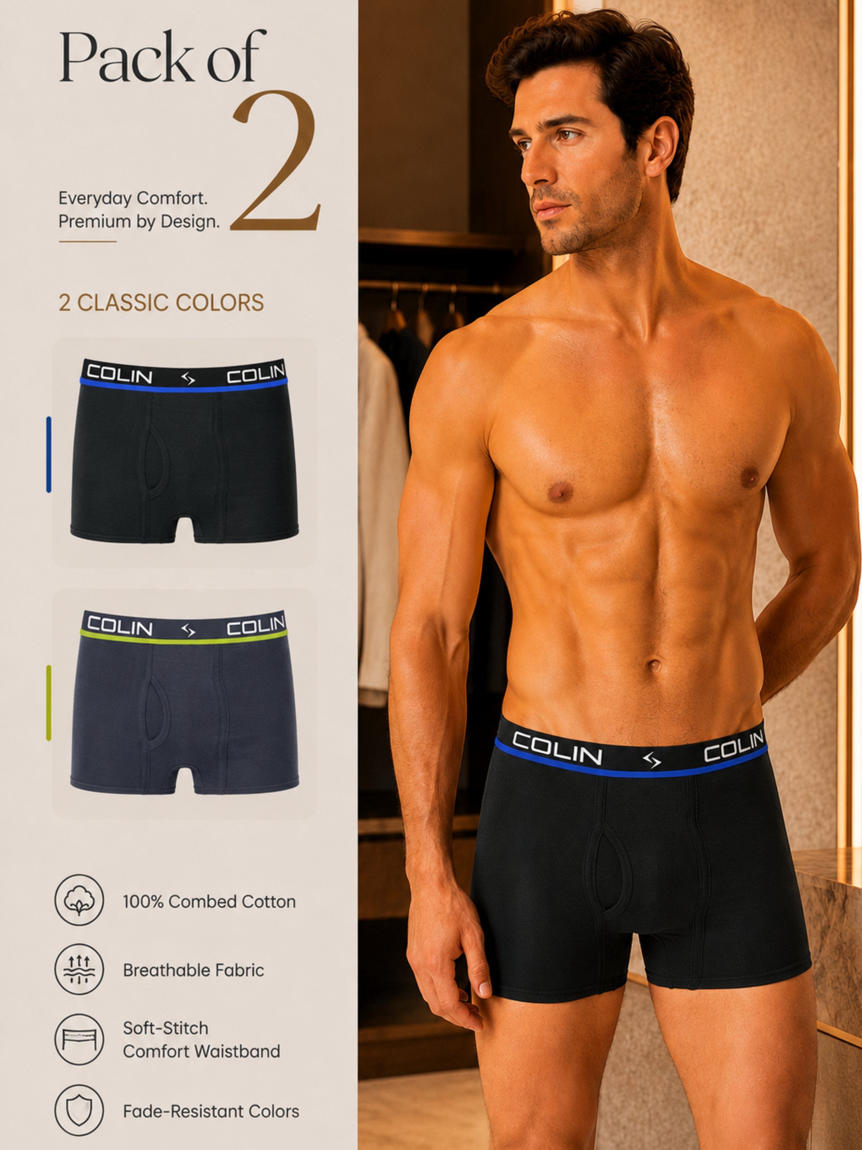 Colin Active Boxer 2 Pcs Pack - Front View Grey