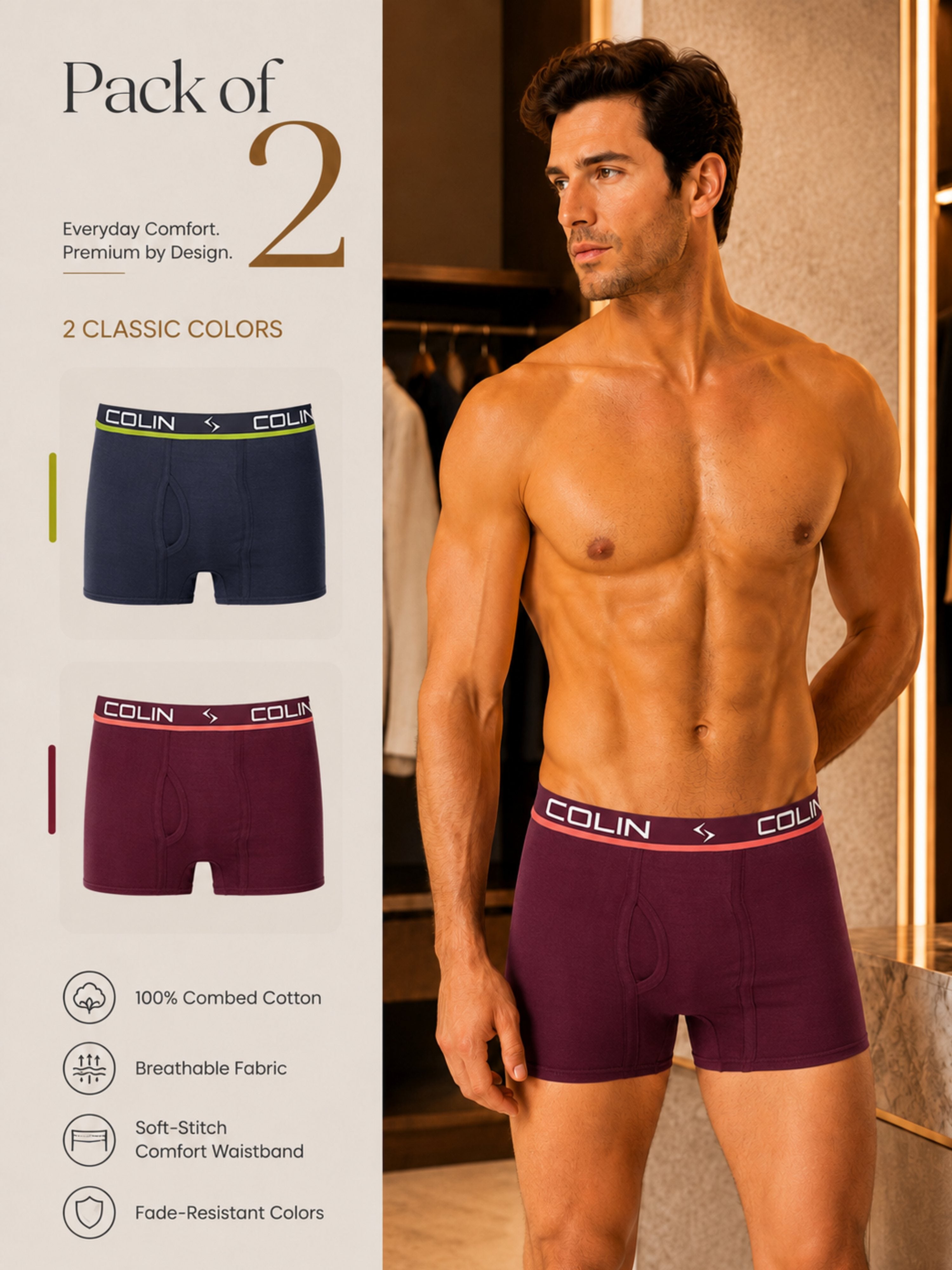 Colin Active Boxer 2 Pcs Pack - Pack of 2 Classic Colors