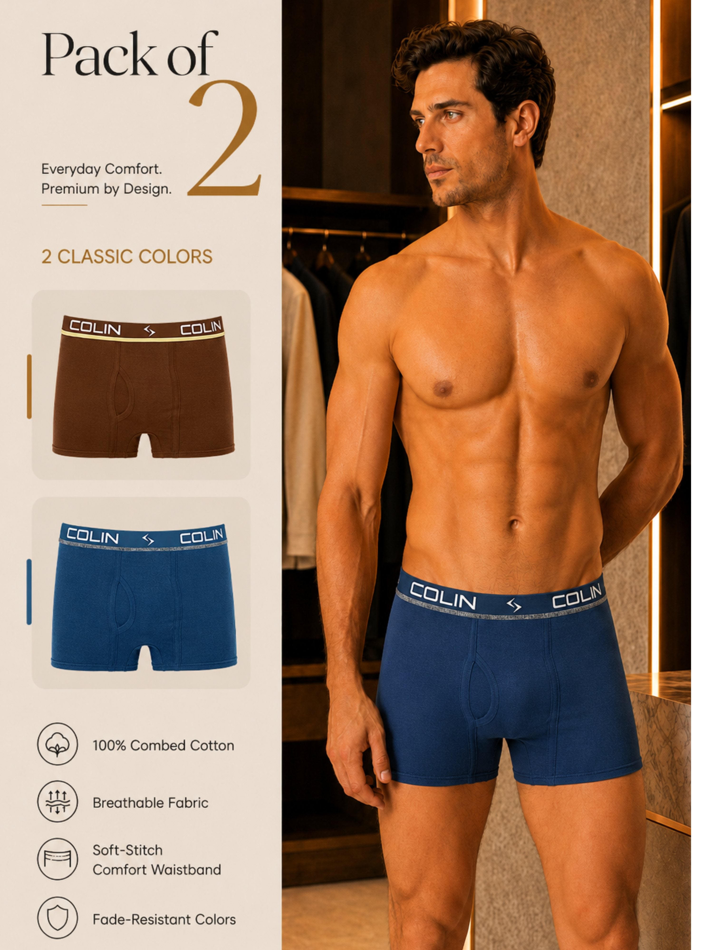 Colin Active Boxer 2 Pcs Pack - Brown Front View