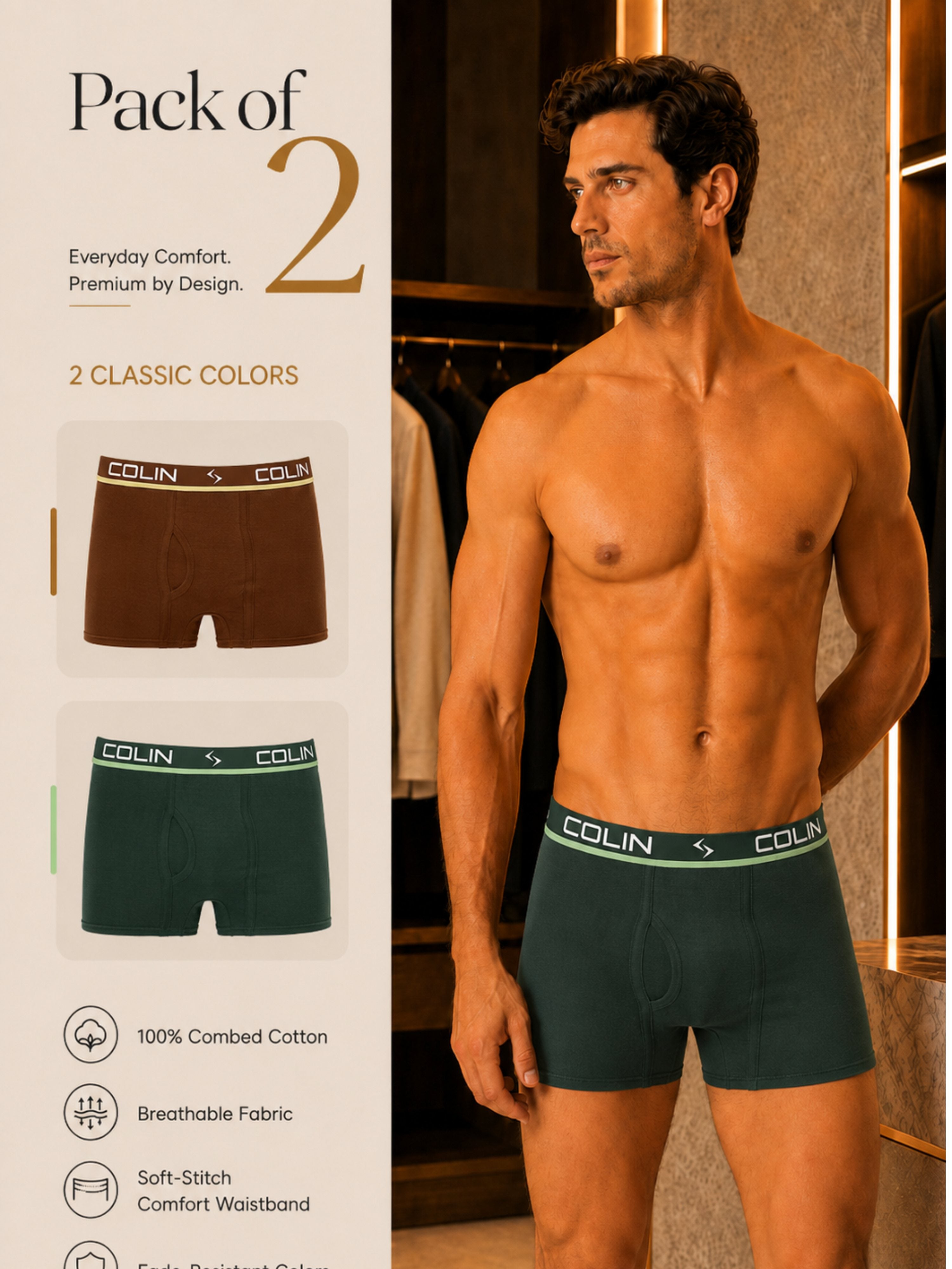 Colin Active Boxer 2 Pcs Pack - Pack of 2 Brown and Dark Green Classic Colors
