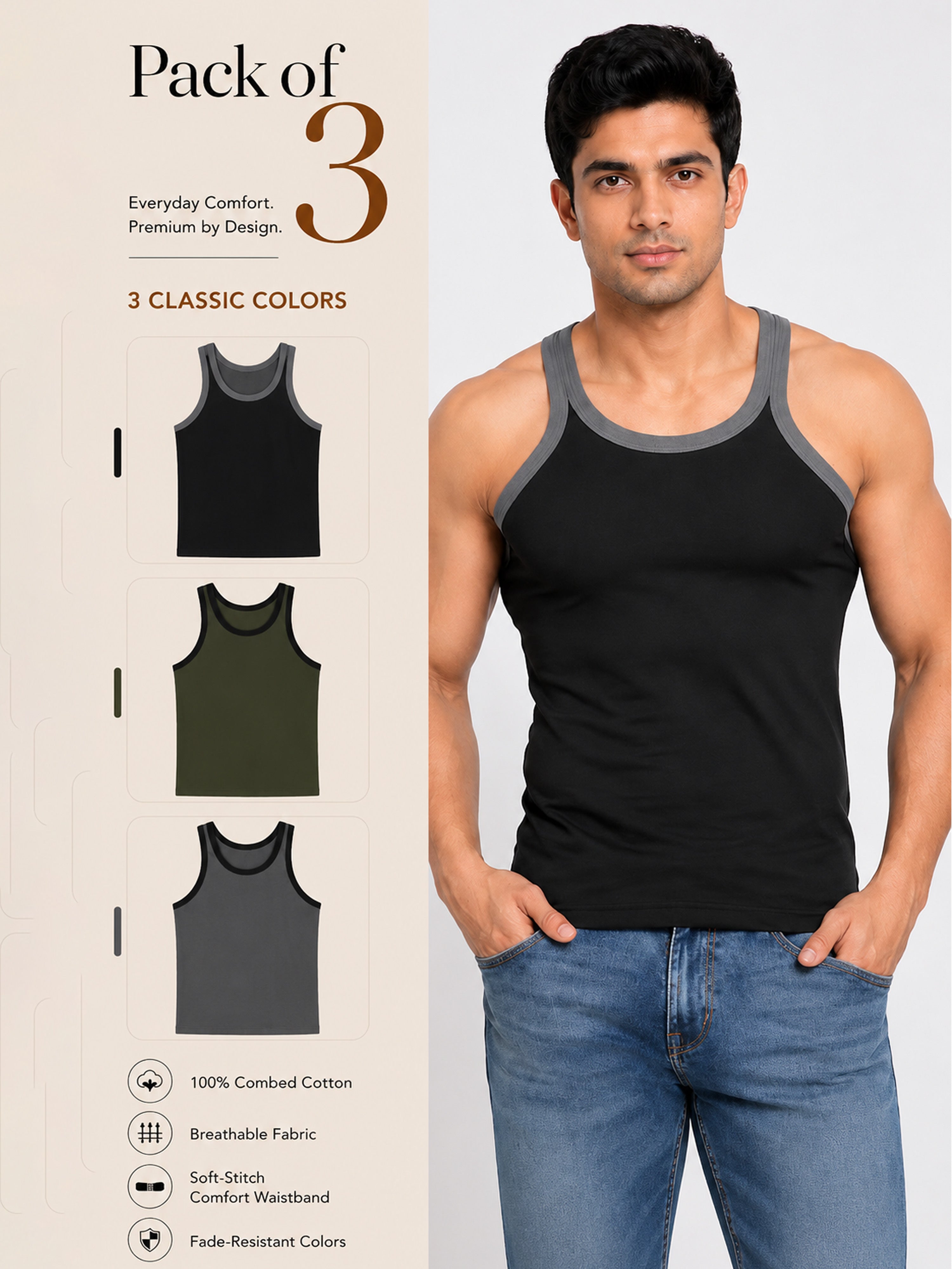 Colin Gold Gym Vest 3 Pcs Pack - Black, Olive, Grey