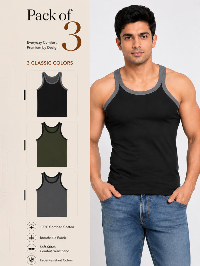 Colin Gold Gym Vest 3 Pcs Pack - Black, Olive, Grey