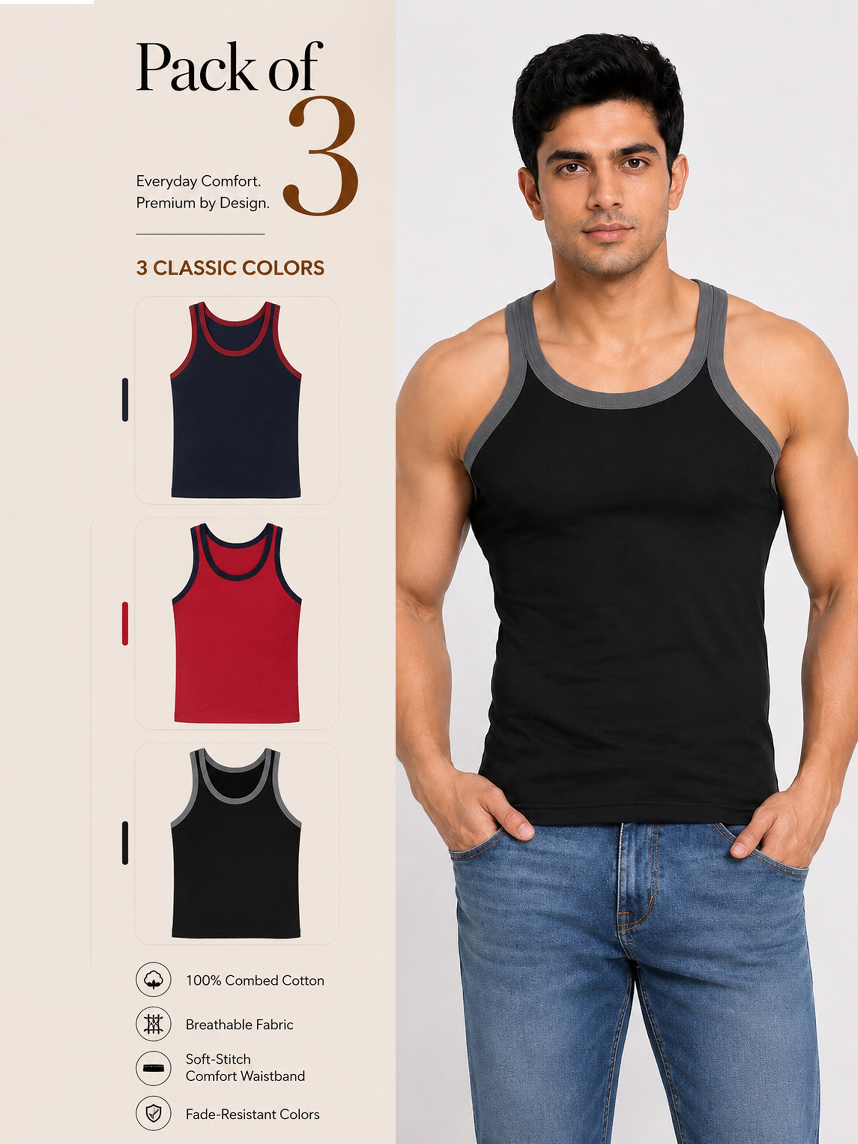 Colin Gold Gym Vest 3 Pcs Pack - Navy, Red, Black