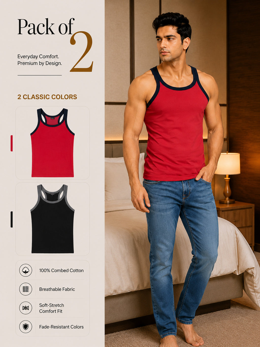 Colin Gold Gym Vest 2 Pcs Pack - Red & Black, Pack of 2, 100% Combed Cotton, Breathable Fabric, Soft-Stretch Comfort Fit