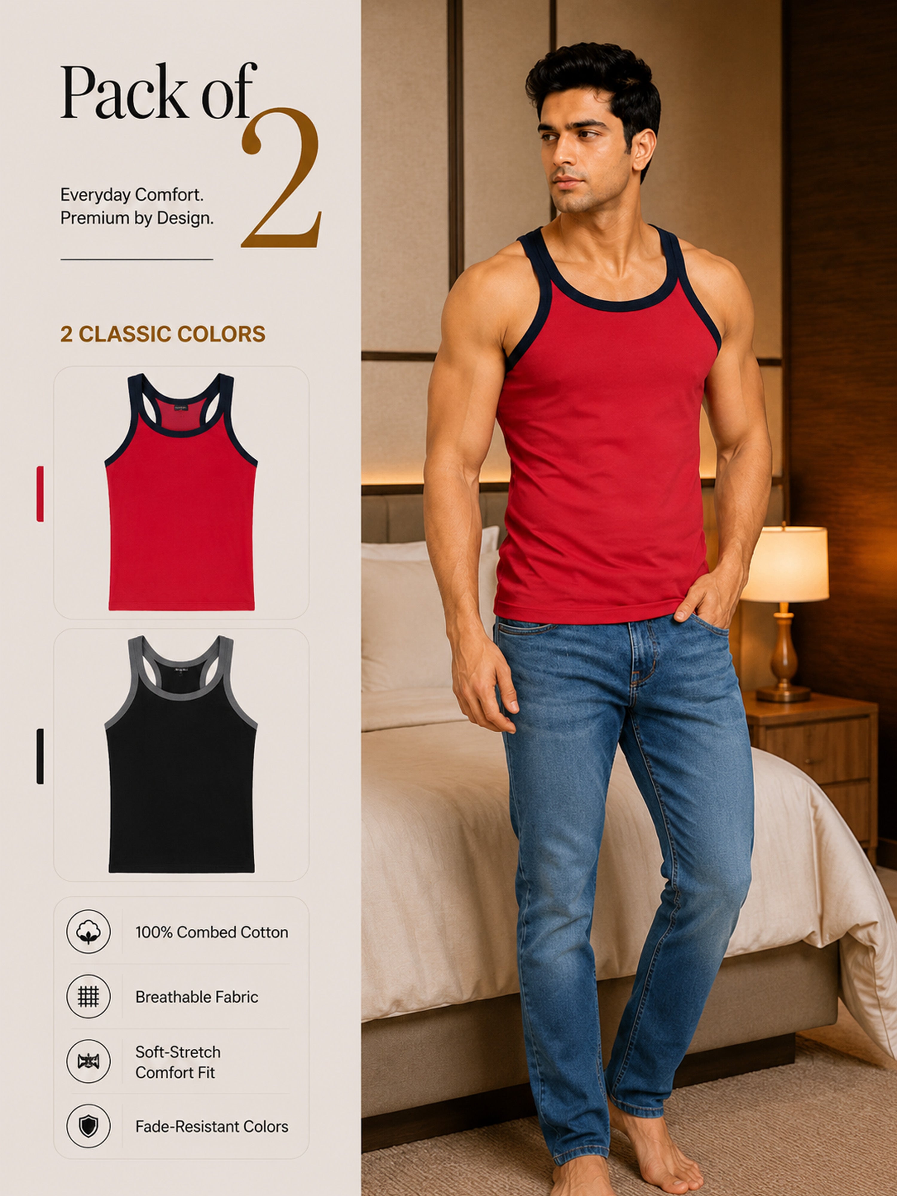 Colin Gold Gym Vest 2 Pcs Pack - Red & Black, Pack of 2, 100% Combed Cotton, Breathable Fabric, Soft-Stretch Comfort Fit