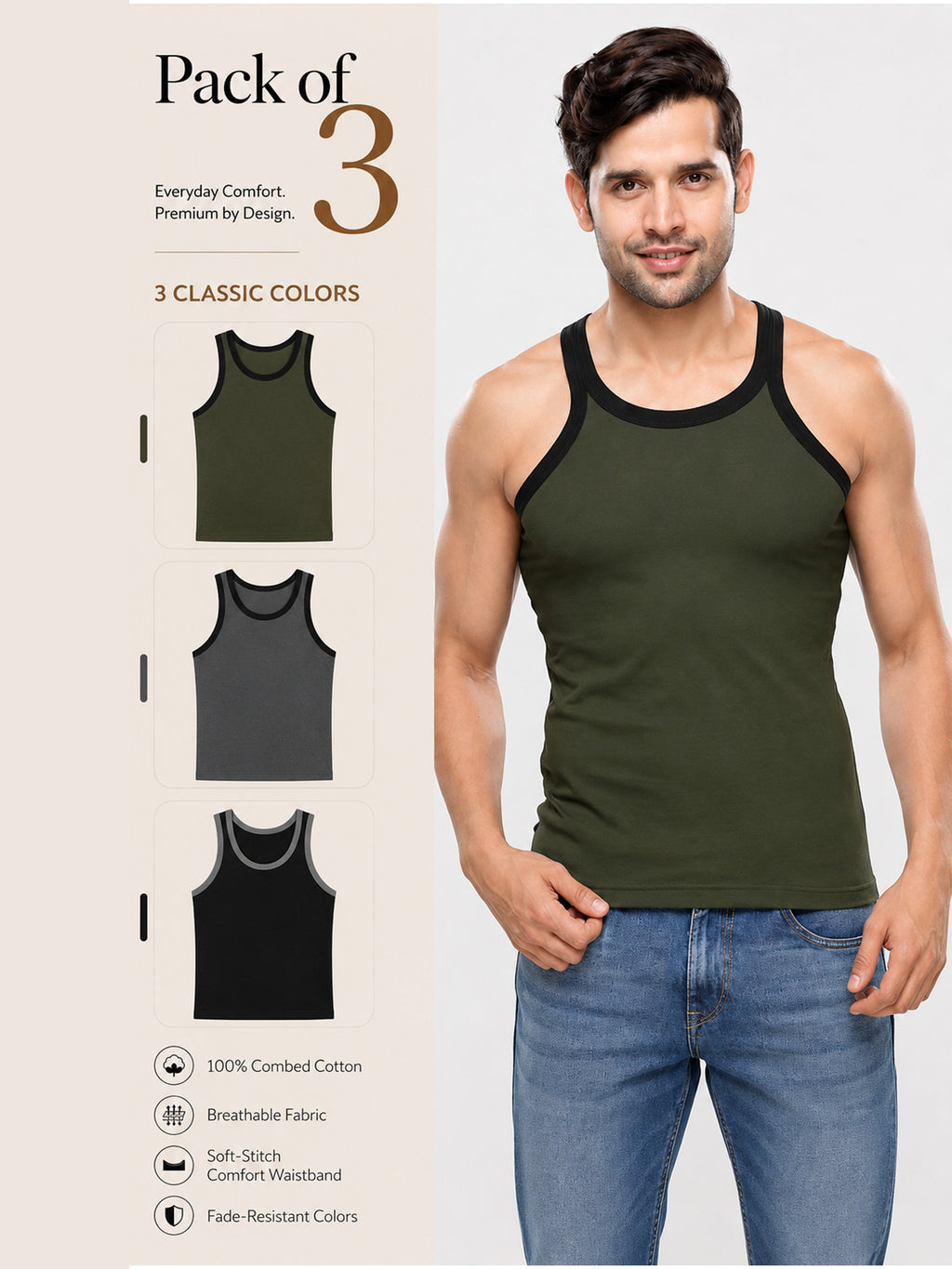 Colin Gold Gym Vest 3 Pcs Pack - Olive, Grey, Black
