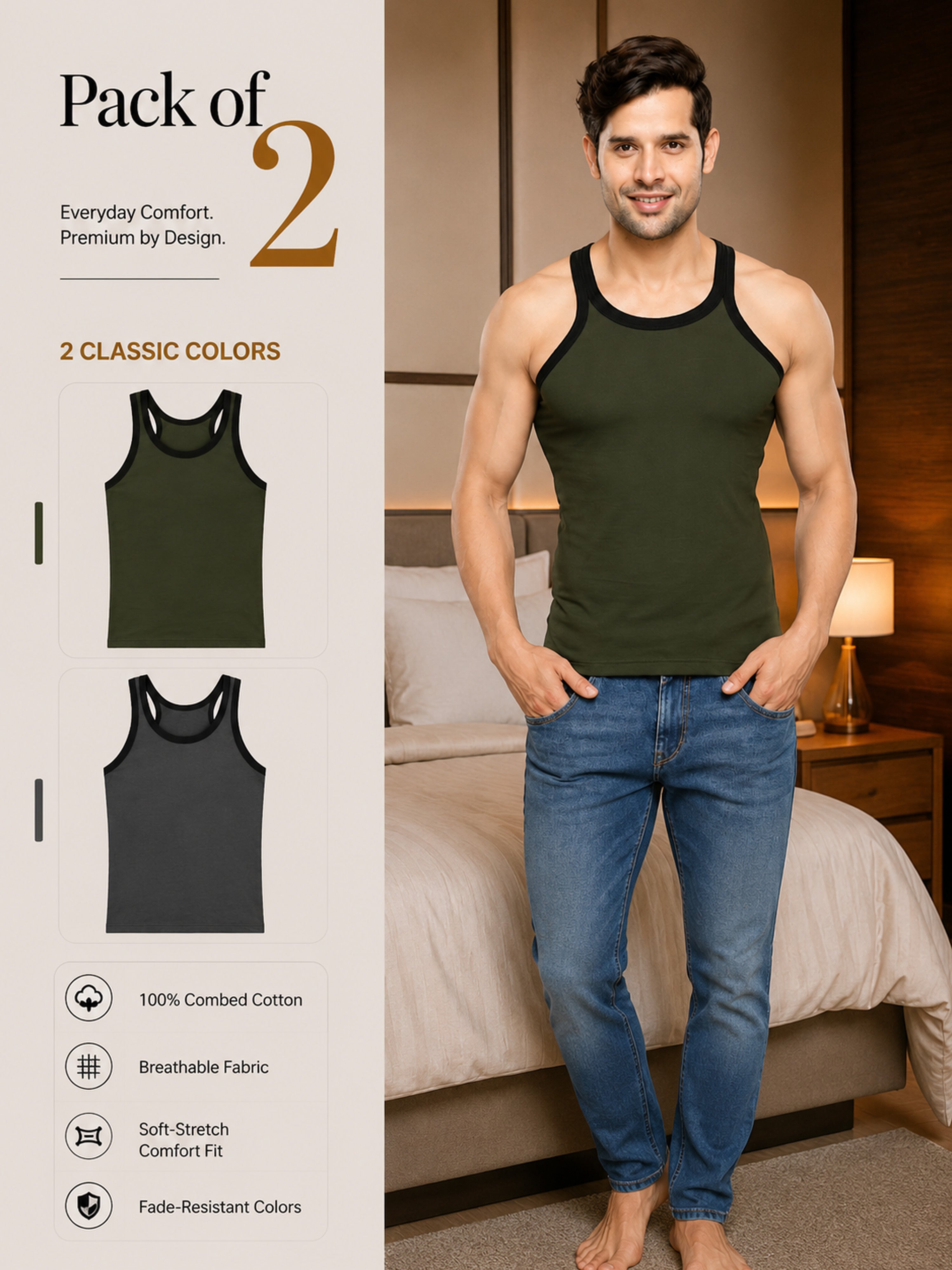 Colin Gold Gym Vest 2 Pcs Pack - Olive Green & Charcoal, Pack of 2, 100% Combed Cotton, Breathable Fabric, Soft-Stretch Comfort Fit