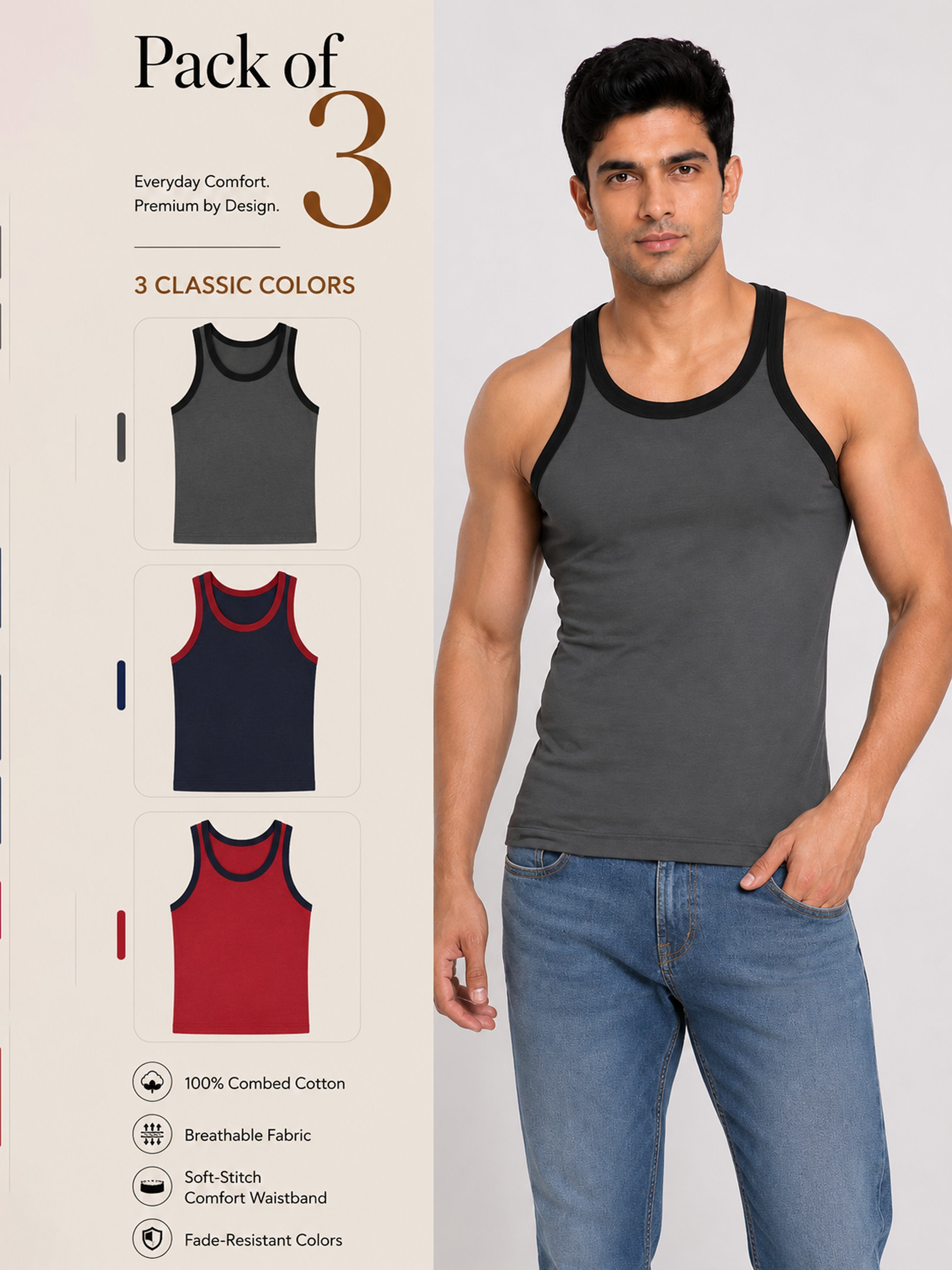 Colin Gold Gym Vest 3 Pcs Pack - Grey, Navy, Red