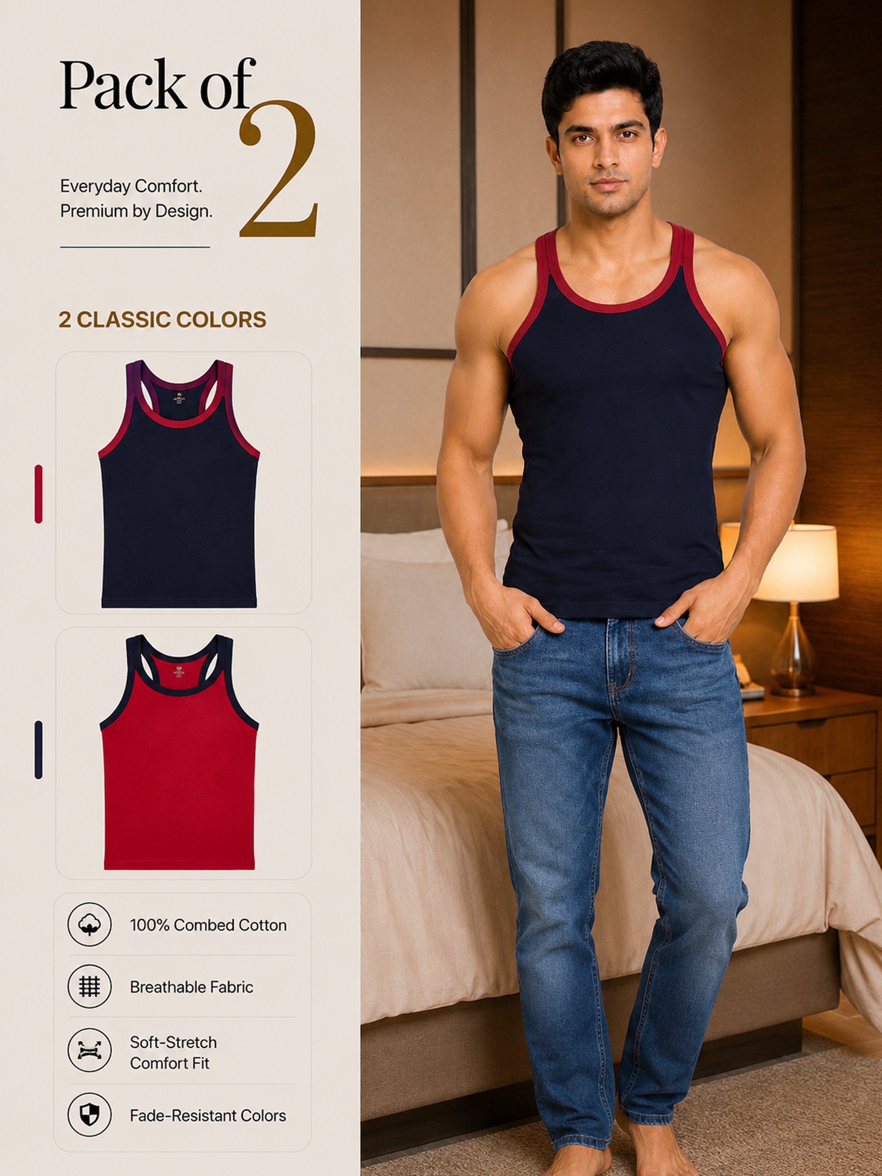 Colin Gold Gym Vest 2 Pcs Pack - Navy Blue & Red, Pack of 2, 100% Combed Cotton, Breathable Fabric, Soft-Stretch Comfort Fit